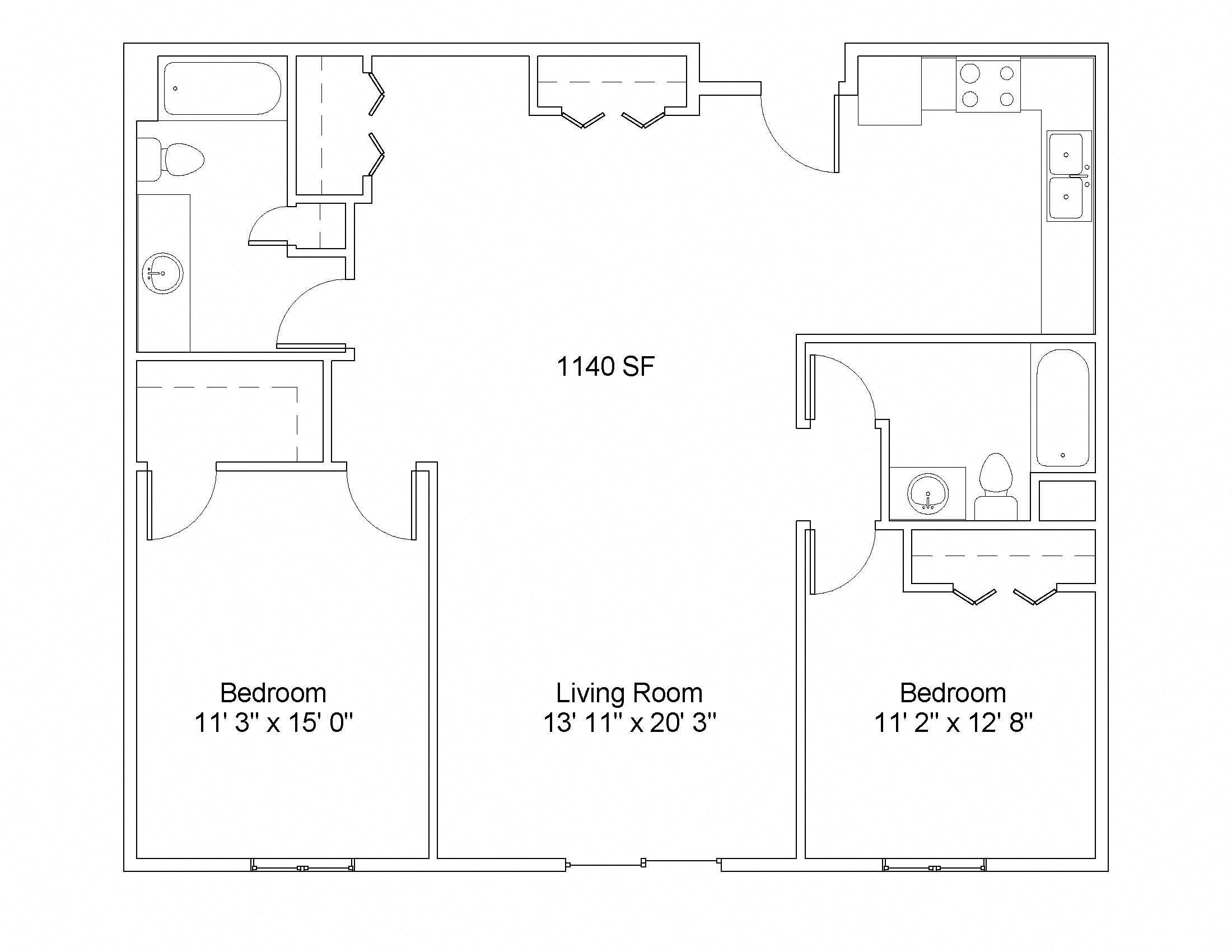 Floor plan for 2 beds, 2 baths, 1147 sqft